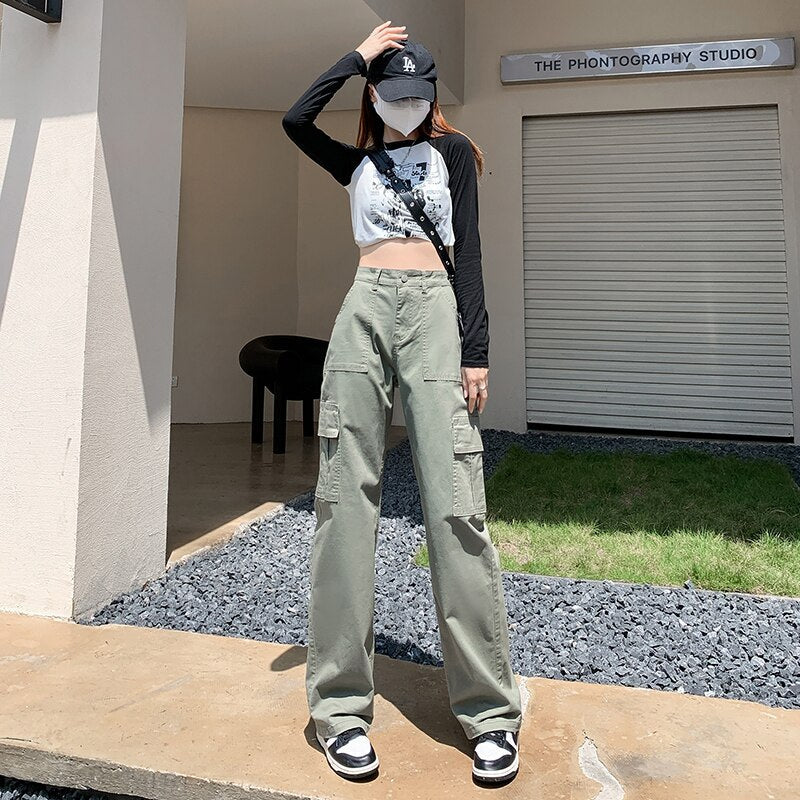 American Retro Khaki Green Pockets Cargo Pants Women 90s Baggy Workwear Jeans Female Straight Loose Wide Leg Trousers Summer Y2k
