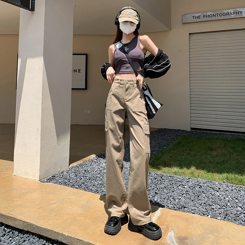 American Retro Khaki Green Pockets Cargo Pants Women 90s Baggy Workwear Jeans Female Straight Loose Wide Leg Trousers Summer Y2k