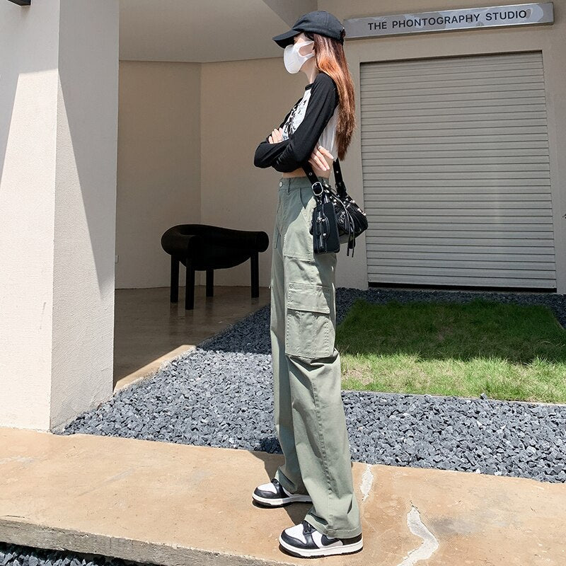 American Retro Khaki Green Pockets Cargo Pants Women 90s Baggy Workwear Jeans Female Straight Loose Wide Leg Trousers Summer Y2k