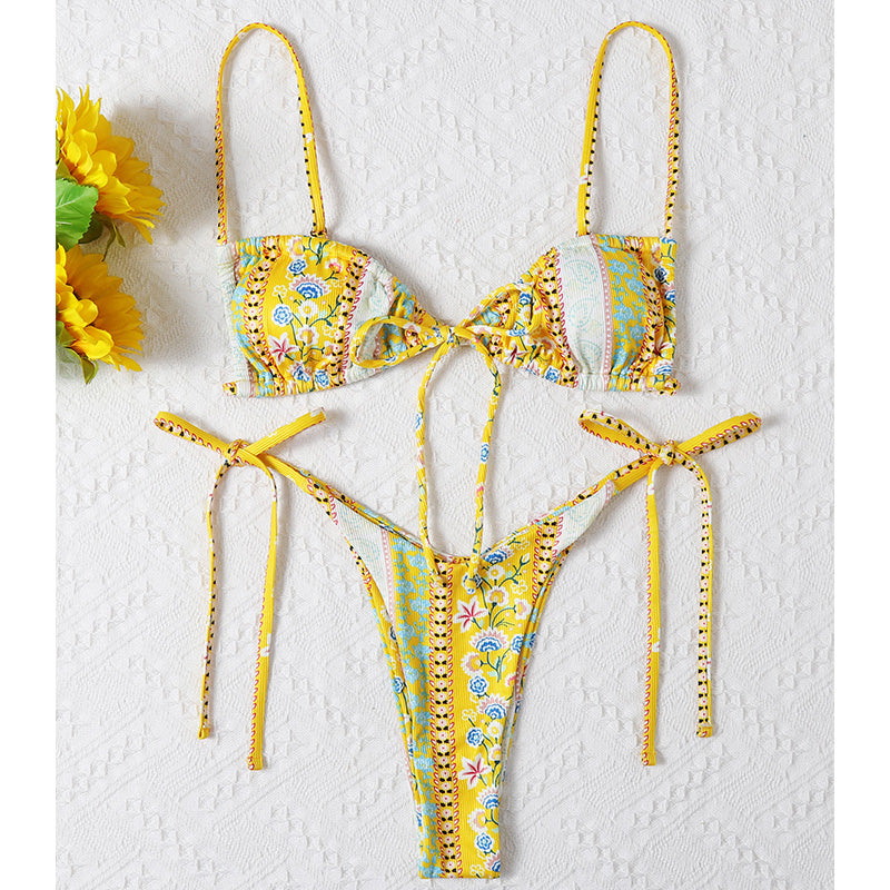 American Style Printed Sub-system Belt Swimsuit Yellow