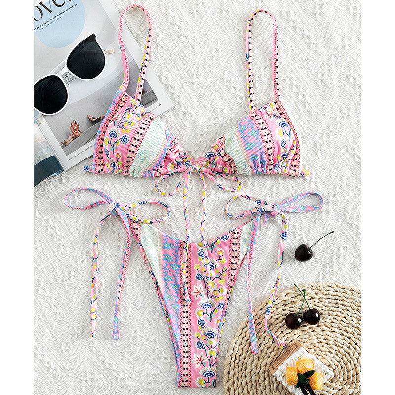 American Style Printed Sub-system Belt Swimsuit Pink