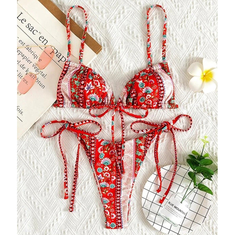 American Style Printed Sub-system Belt Swimsuit Red