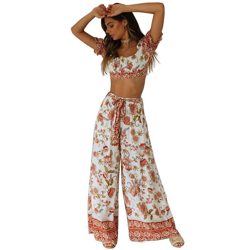 American Style Square Neck Ruffle Print Suit Short Suspender Top And Wide Leg Pants AMAIO