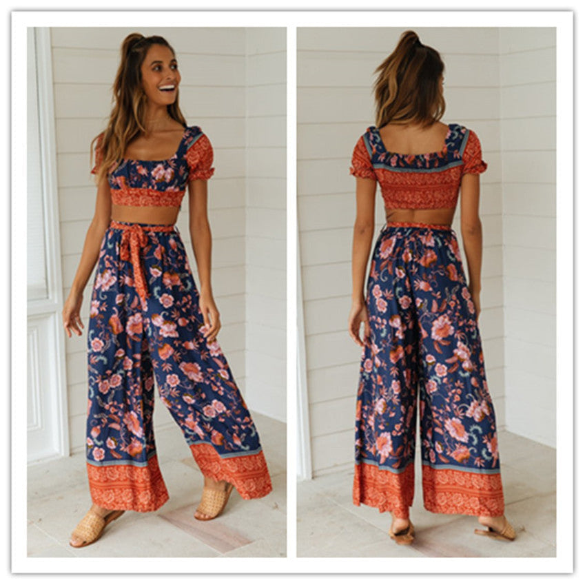 American Style Square Neck Ruffle Print Suit Short Suspender Top And Wide Leg Pants Blue
