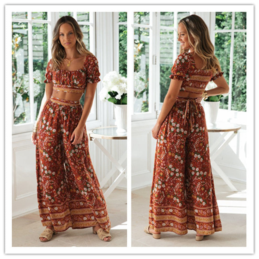 American Style Square Neck Ruffle Print Suit Short Suspender Top And Wide Leg Pants Khaki