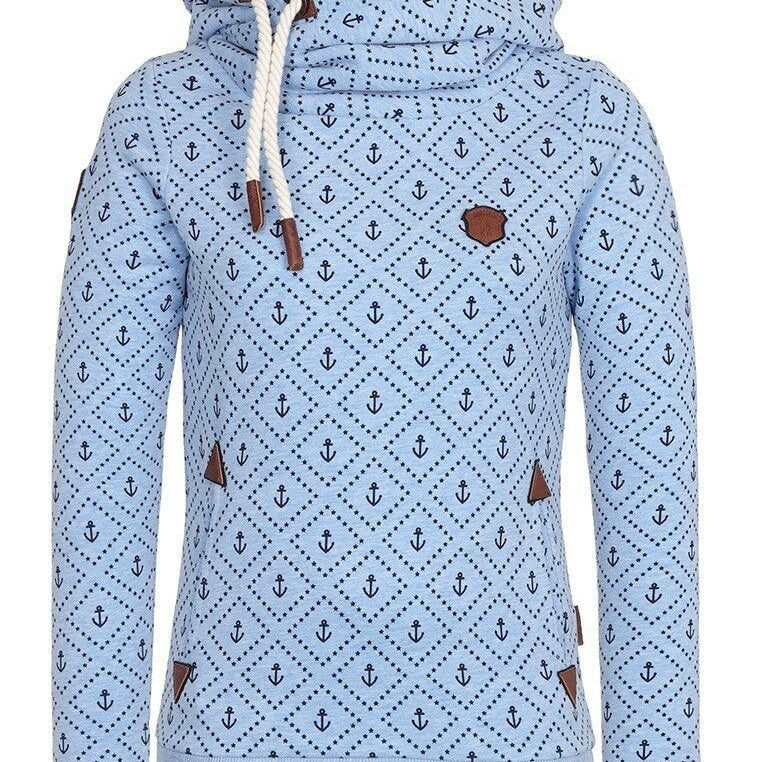 Anchor Print Big Size Hoodies Women 5xl Poleron Mujer 2022 Korean Street Pocket Sweatshirt Drawstring Slim Fit Hipster Hoodie blue hoodie