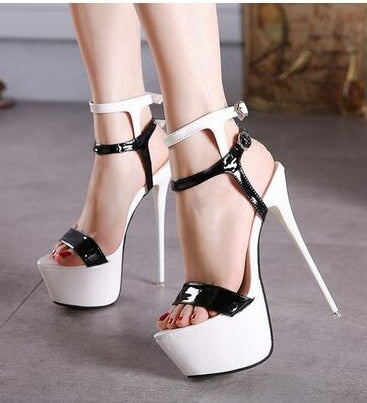 Aneikeh Ankle Strap Heels Platform Sandals Party Shoes For Women Wedding Pumps 16cm High Heels Sequined Gladiator Sandals Black Black-White