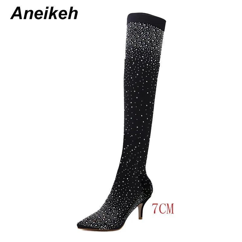 Aneikeh Sexy High Heels Sock Over-the-Knee Boots Pointed Toe Design Crystal Rhinestone Stretch Fabric Pole Dancing Women Shoes 7CM-Black