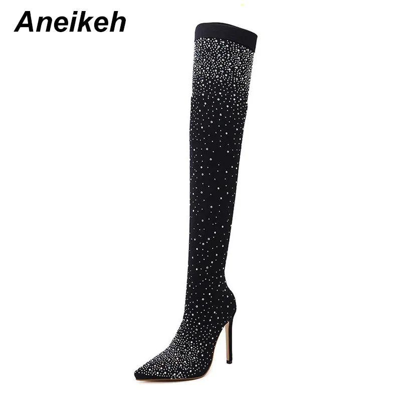 Aneikeh Sexy High Heels Sock Over-the-Knee Boots Pointed Toe Design Crystal Rhinestone Stretch Fabric Pole Dancing Women Shoes