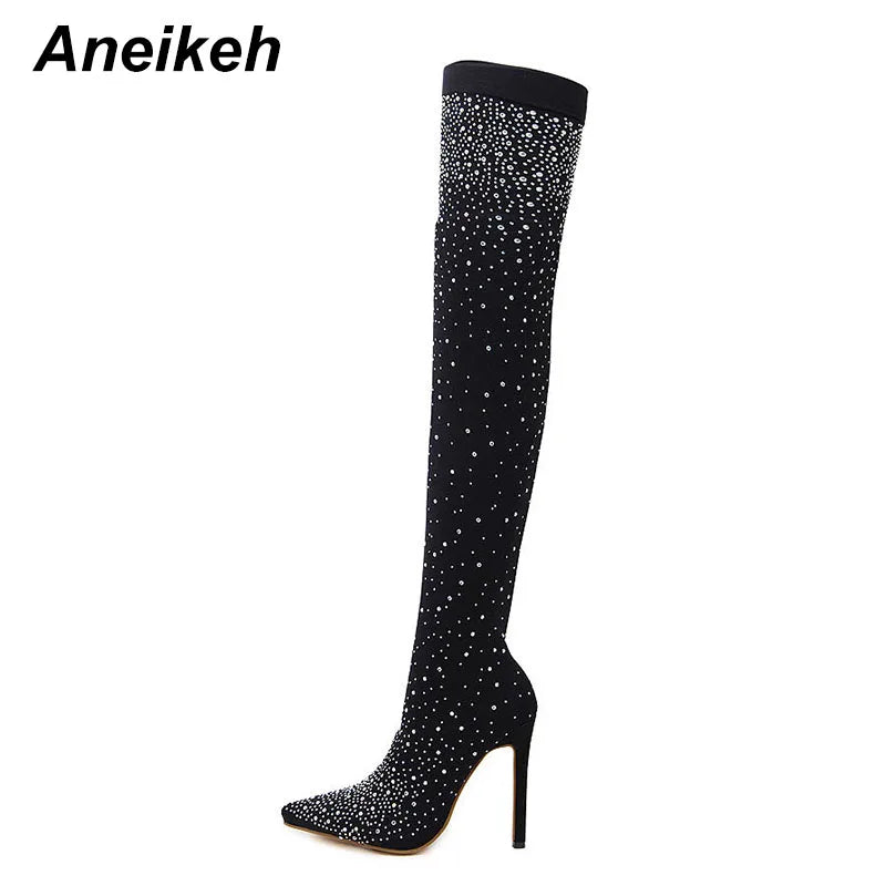 Aneikeh Sexy High Heels Sock Over-the-Knee Boots Pointed Toe Design Crystal Rhinestone Stretch Fabric Pole Dancing Women Shoes