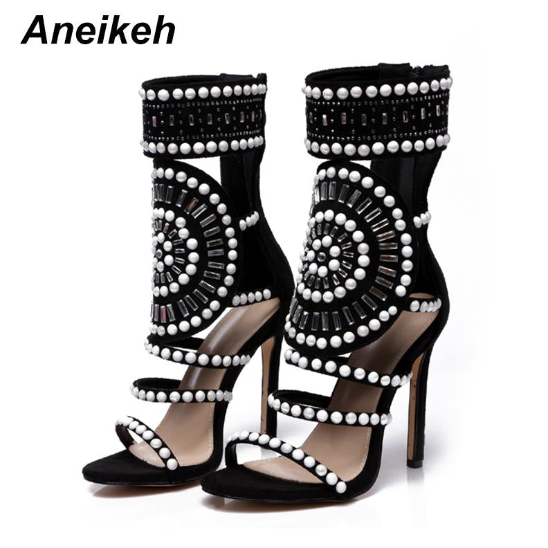 Aneikeh Women Fashion Open Toe Rhinestone Design High Heel Sandals Crystal Ankle Wrap Glitter Diamond Gladiator Black Size 35-42 Black