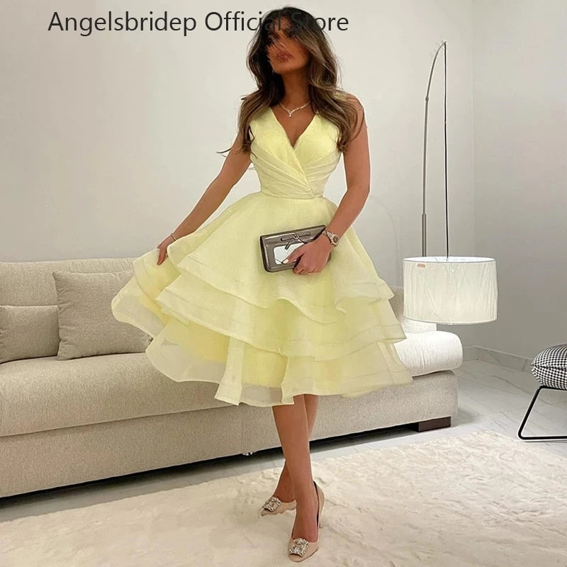 Angelsbridep Arabia V-neck Sleeveless Homecoming Party Dresses Vestidos De Fiesta A-line Tiered Organza Short Prom Dress Gown Yellow