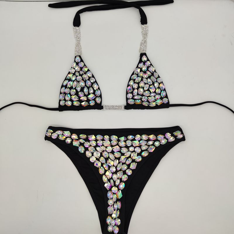 Anibol Sexy Rhinestone Triangle Bikini Luxury Crystal Diamond Women's Swimsuit Push Up Gathered Straps Swimwear Black