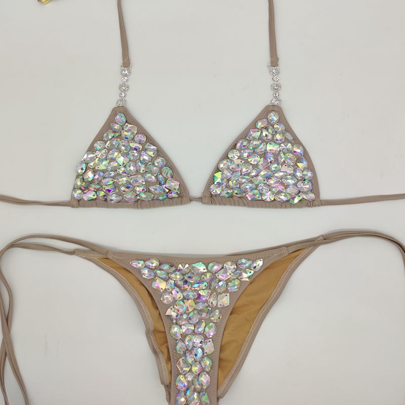 Anibol Sexy Rhinestone Triangle Bikini Luxury Crystal Diamond Women's Swimsuit Push Up Gathered Straps Swimwear Flesh color