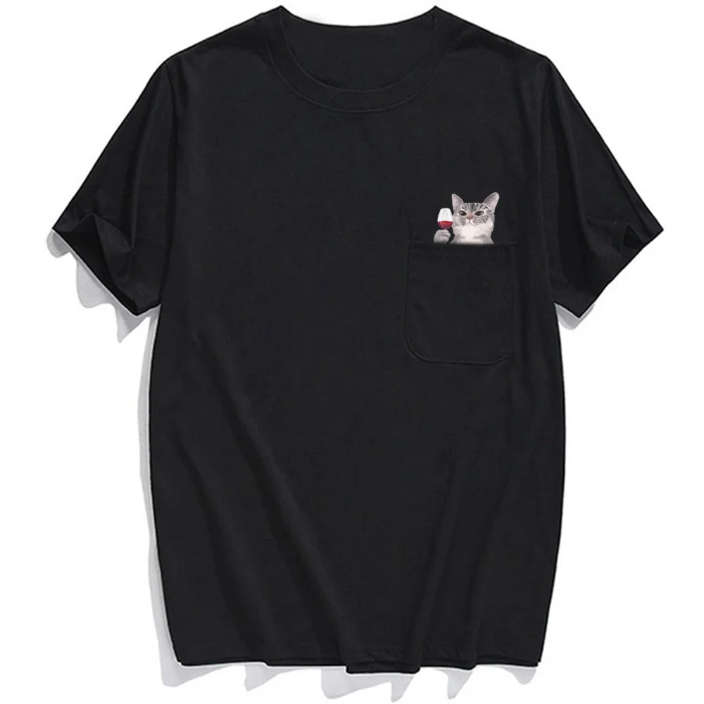 Animal T-Shirt Fashion Brand Summer Pocket Cat Stickers Printed T-shirt Men's Women Shirts Hip Hop Tops Funny Cotton Tees
