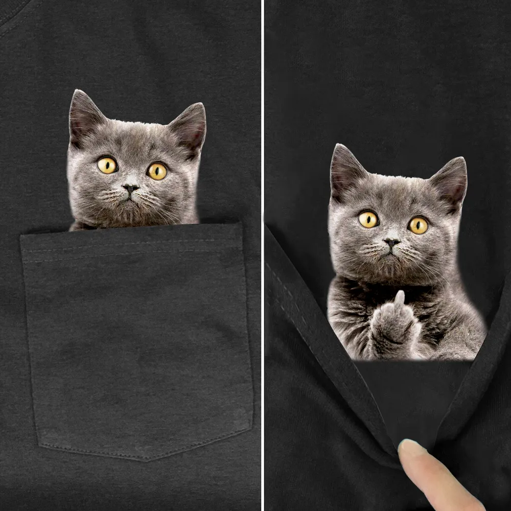 Animal T-Shirt Fashion Brand Summer Pocket Cat Stickers Printed T-shirt Men's Women Shirts Hip Hop Tops Funny Cotton Tees Cotton T-shirt 1