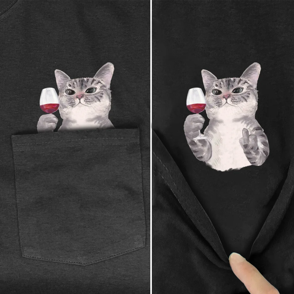 Animal T-Shirt Fashion Brand Summer Pocket Cat Stickers Printed T-shirt Men's Women Shirts Hip Hop Tops Funny Cotton Tees Cotton T-shirt 2