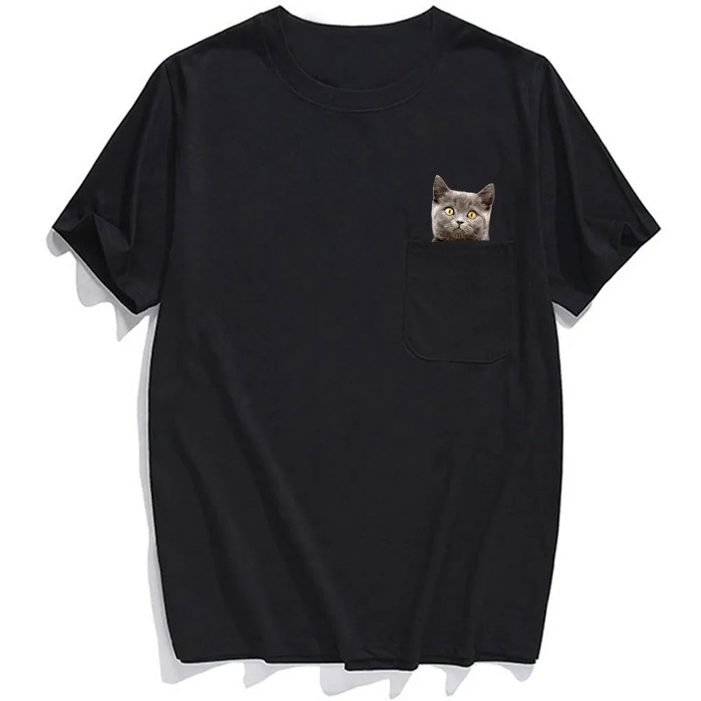 Animal T-Shirt Fashion Brand Summer Pocket Cat Stickers Printed T-shirt Men's Women Shirts Hip Hop Tops Funny Cotton Tees