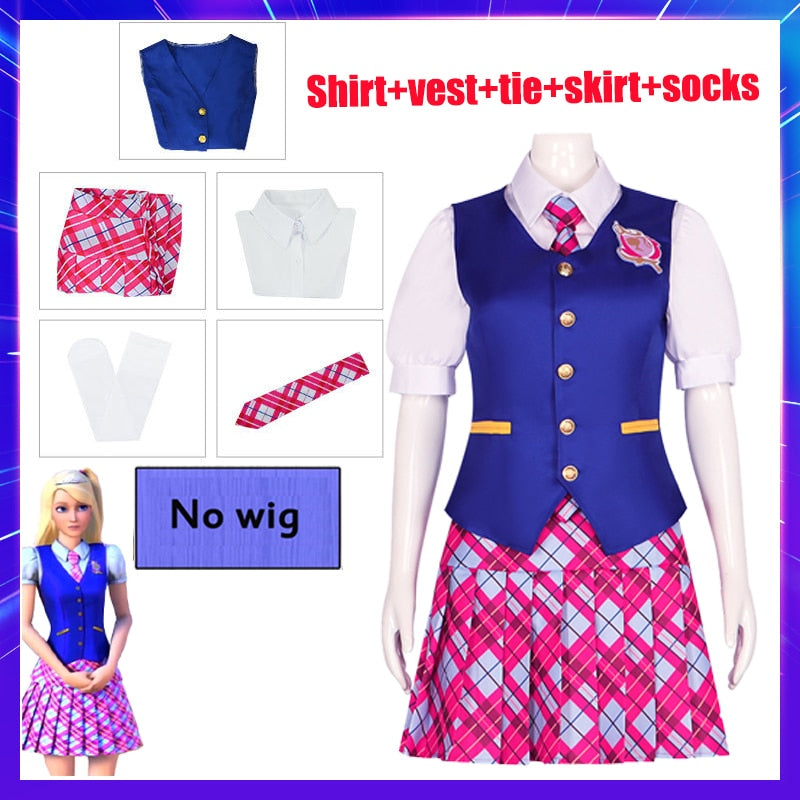 Movie Barbie Pink Plaid Dress Halloween Fancy Dress Carnival Costume For  Girls