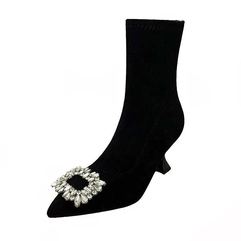 Ankle Boots Women Boots Women Shoes Woman Fashion High-heeled Pointed Flock Boots Spring Autumn Rhinestone Short Boots black