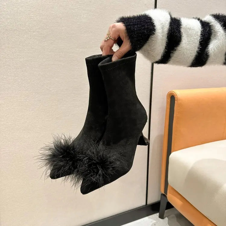 Ankle Boots Women Boots Women Shoes Woman Fashion High-heeled Pointed Flock Boots Spring Autumn Rhinestone Short Boots 9