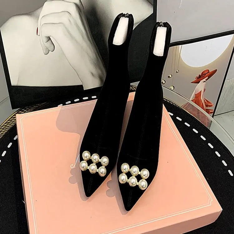 Ankle Boots Women Boots Women Shoes Woman Fashion High-heeled Pointed Flock Boots Spring Autumn Rhinestone Short Boots 5