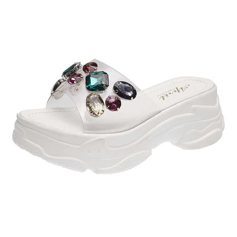 Aphixta Platform Rhinestone Sandals Slippers 6cm Height Increasing Slides Transparent Light Ladies Wedge Summer Beach Slippers White