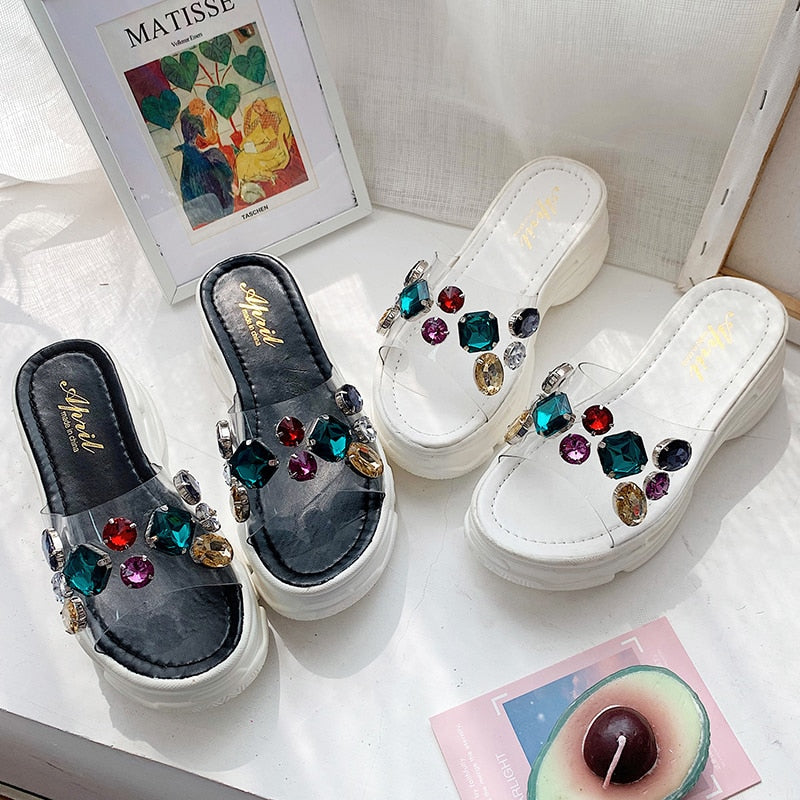 Aphixta Platform Rhinestone Sandals Slippers 6cm Height Increasing Slides Transparent Light Ladies Wedge Summer Beach Slippers