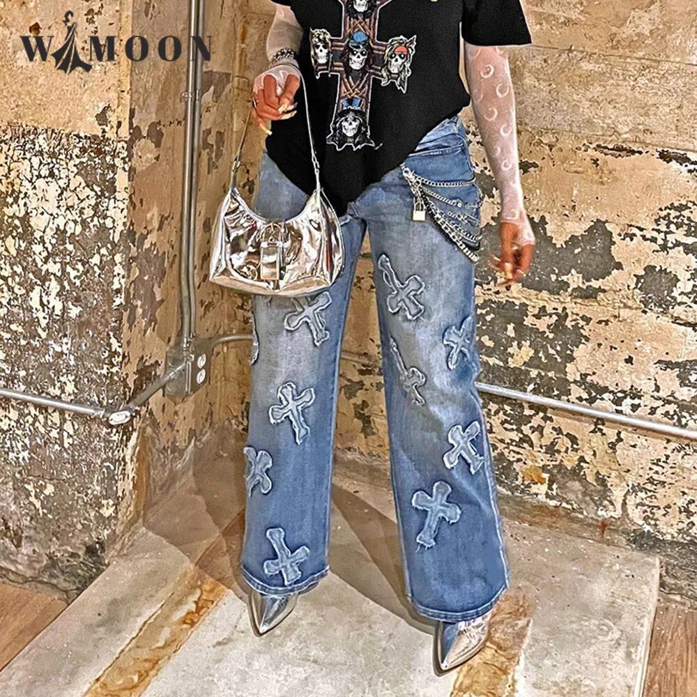 Appliques Cross Women's Jeans High Waist Pants Sexy Y2k 2024 Autumn Winter Elegant Ladies Europe Fashion Jean Pants Streetwear