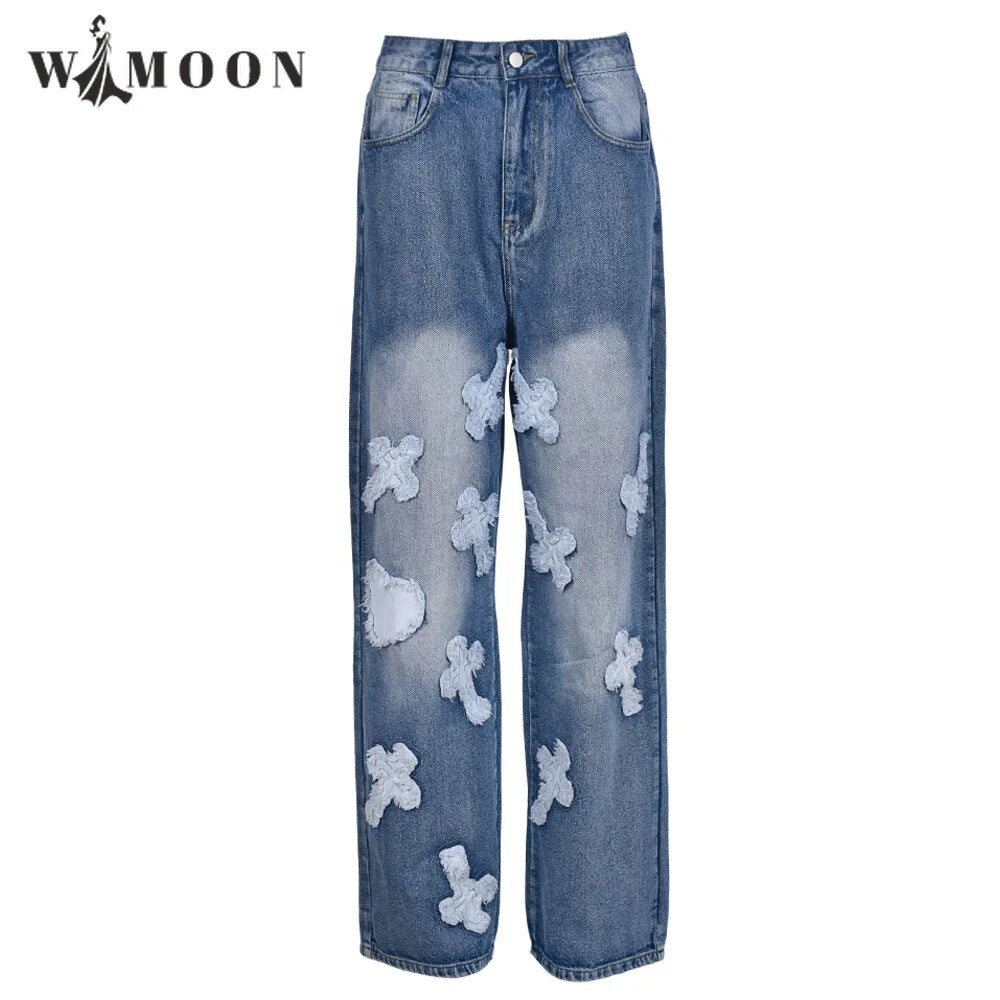 Appliques Cross Women's Jeans High Waist Pants Sexy Y2k 2024 Autumn Winter Elegant Ladies Europe Fashion Jean Pants Streetwear