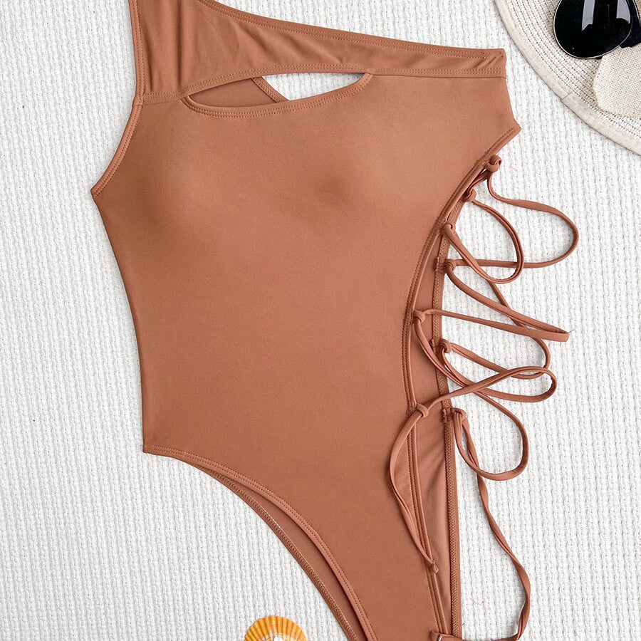 Asymmetric One Shoulder Lace Up - Swimwear One Piece Swimsuit Female Monokini Cut Out Bather Bathing Suit Swim Lady B605Coffee