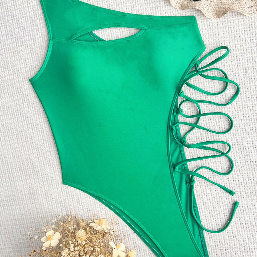 Asymmetric One Shoulder Lace Up - Swimwear One Piece Swimsuit Female Monokini Cut Out Bather Bathing Suit Swim Lady B605Green