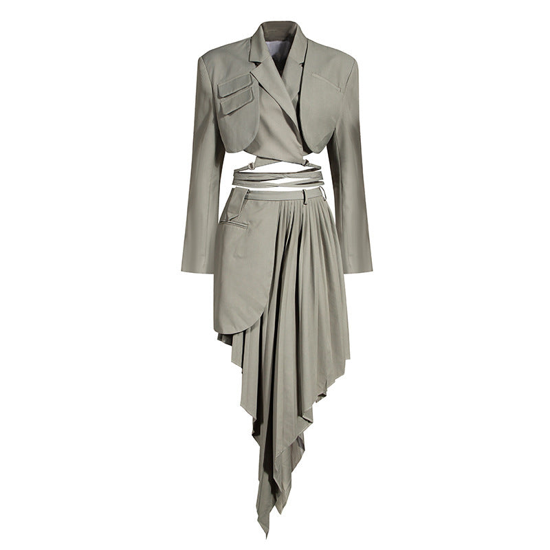 Asymmetrical Skirt Design Leaky Waist Fried Street Fashion Suit Grey Set