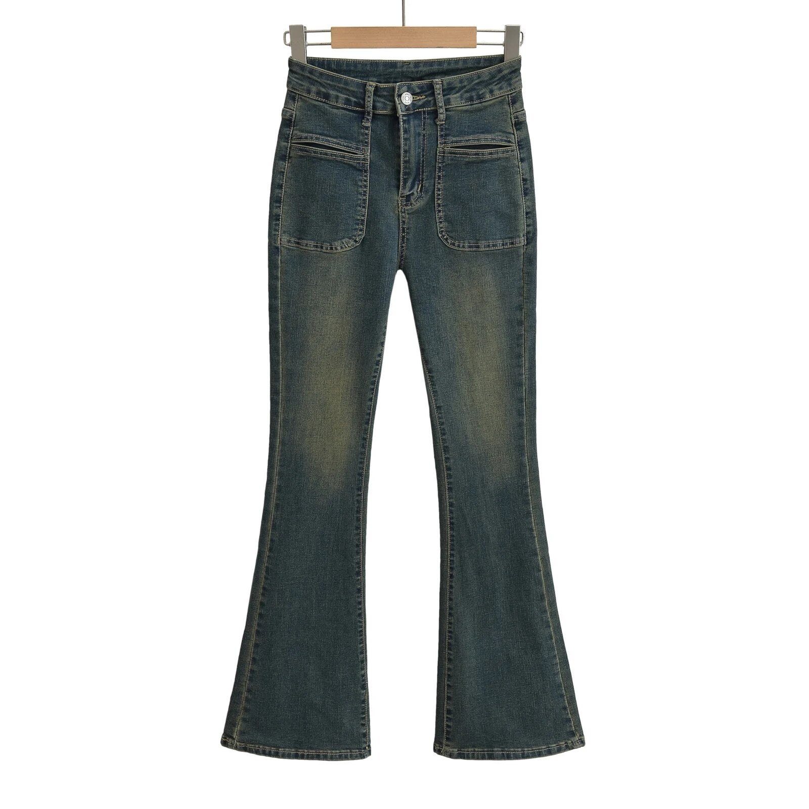 Autumn American Retro High Waist Floor Length Flare Jeans Women Vintage Stretch Denim Pants Streetwear Long Trousers vintage blue