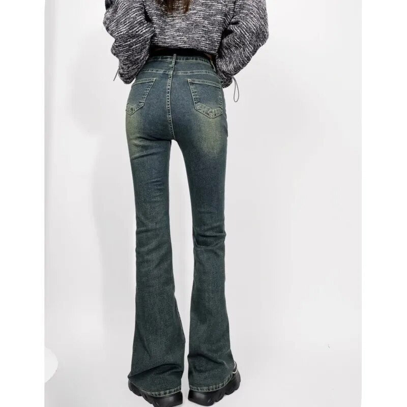 Autumn American Retro High Waist Floor Length Flare Jeans Women Vintage Stretch Denim Pants Streetwear Long Trousers