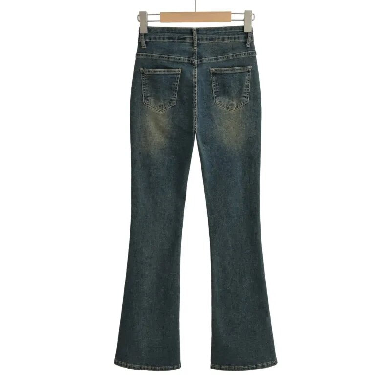 Autumn American Retro High Waist Floor Length Flare Jeans Women Vintage Stretch Denim Pants Streetwear Long Trousers