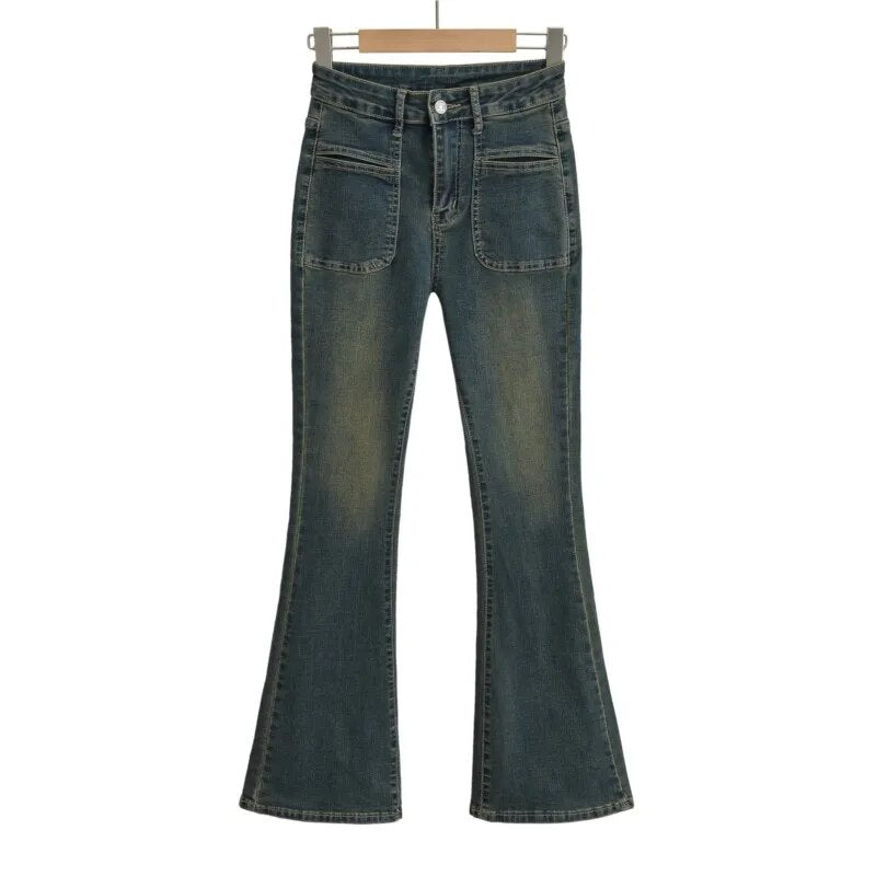Autumn American Retro High Waist Floor Length Flare Jeans Women Vintage Stretch Denim Pants Streetwear Long Trousers
