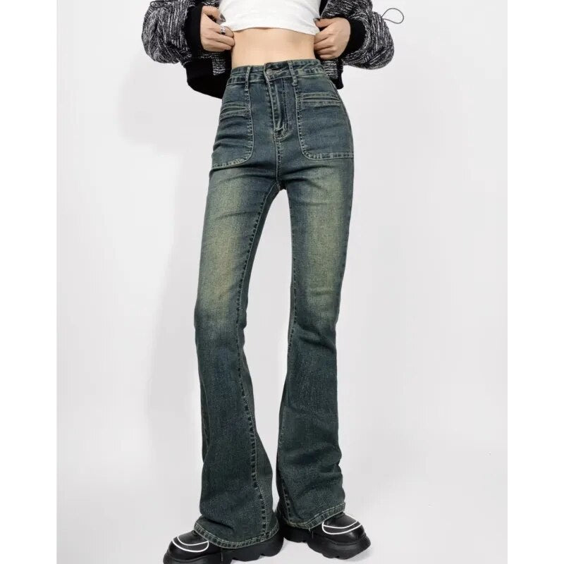 Autumn American Retro High Waist Floor Length Flare Jeans Women Vintage Stretch Denim Pants Streetwear Long Trousers