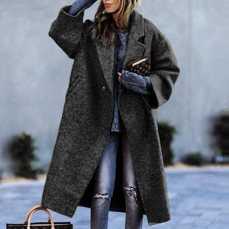 Autumn And Winter Long Woolen Color Temperament Commute No Belt Lapel Loose Woolen Green Coat Black
