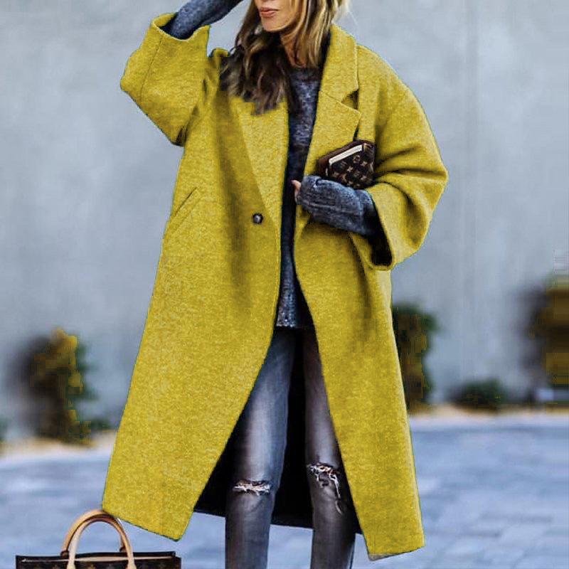 Autumn And Winter Long Woolen Color Temperament Commute No Belt Lapel Loose Woolen Green Coat Yellow