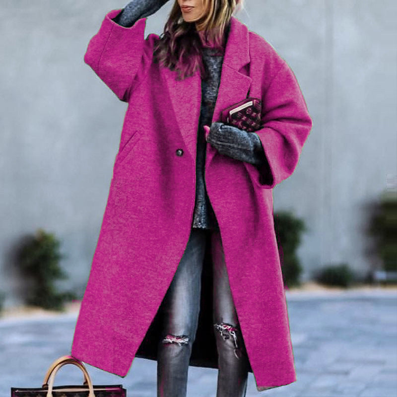 Autumn And Winter Long Woolen Color Temperament Commute No Belt Lapel Loose Woolen Green Coat Rose Red
