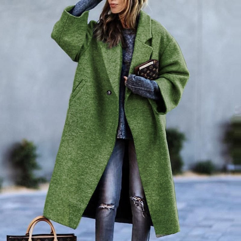 Autumn And Winter Long Woolen Color Temperament Commute No Belt Lapel Loose Woolen Green Coat Green