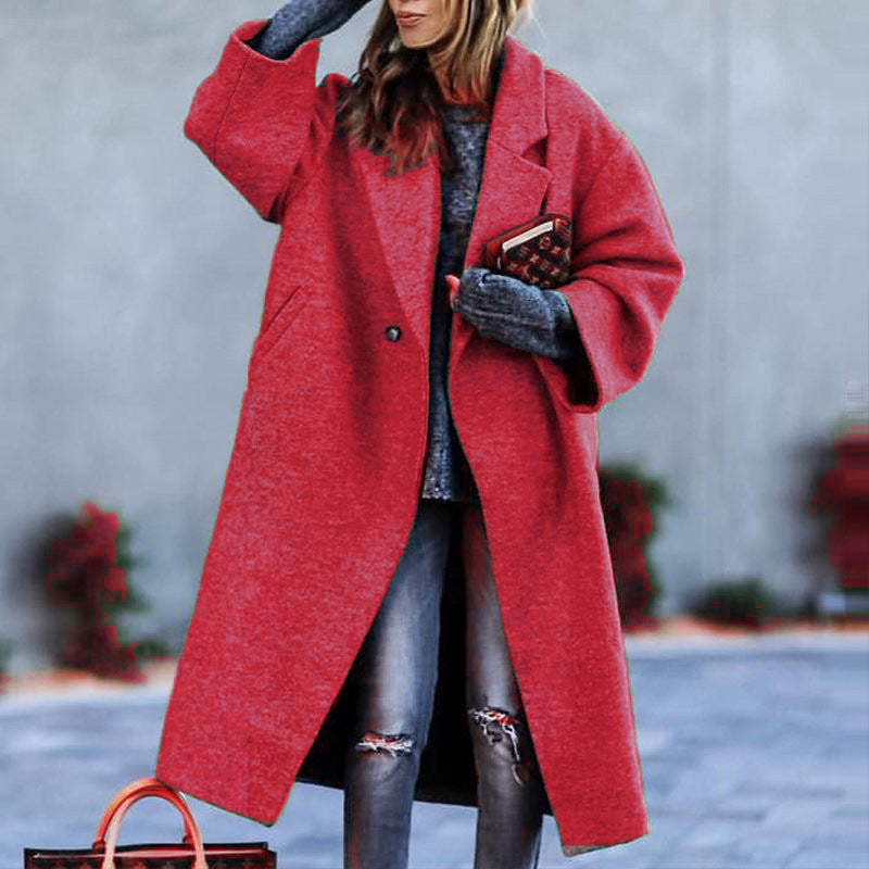 Autumn And Winter Long Woolen Color Temperament Commute No Belt Lapel Loose Woolen Green Coat Red