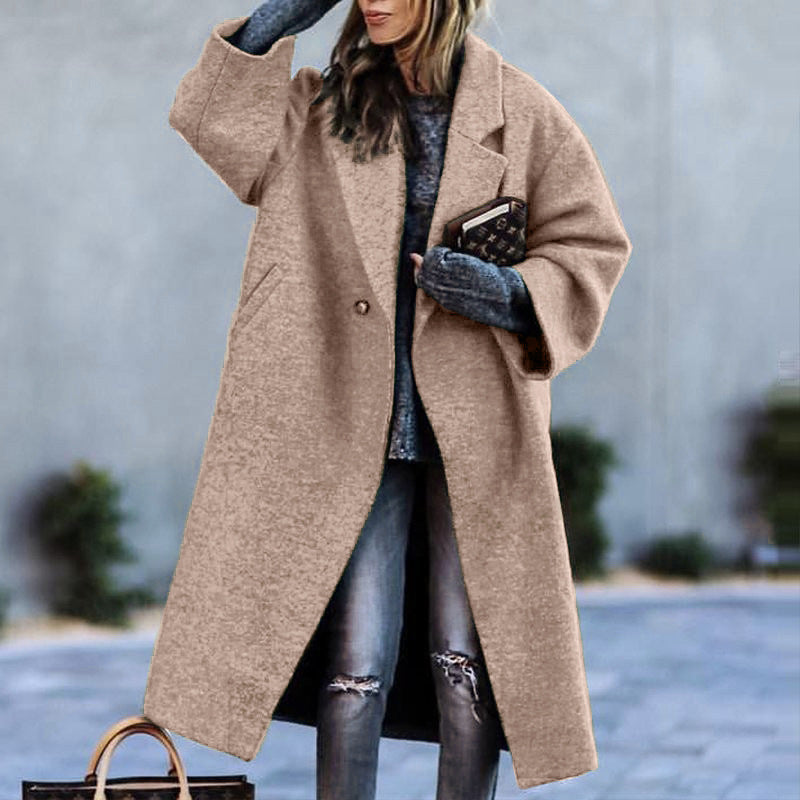 Autumn And Winter Long Woolen Color Temperament Commute No Belt Lapel Loose Woolen Green Coat Khaki
