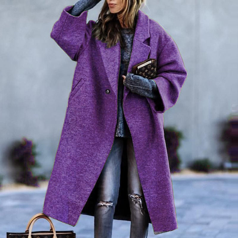 Autumn And Winter Long Woolen Color Temperament Commute No Belt Lapel Loose Woolen Green Coat Purple