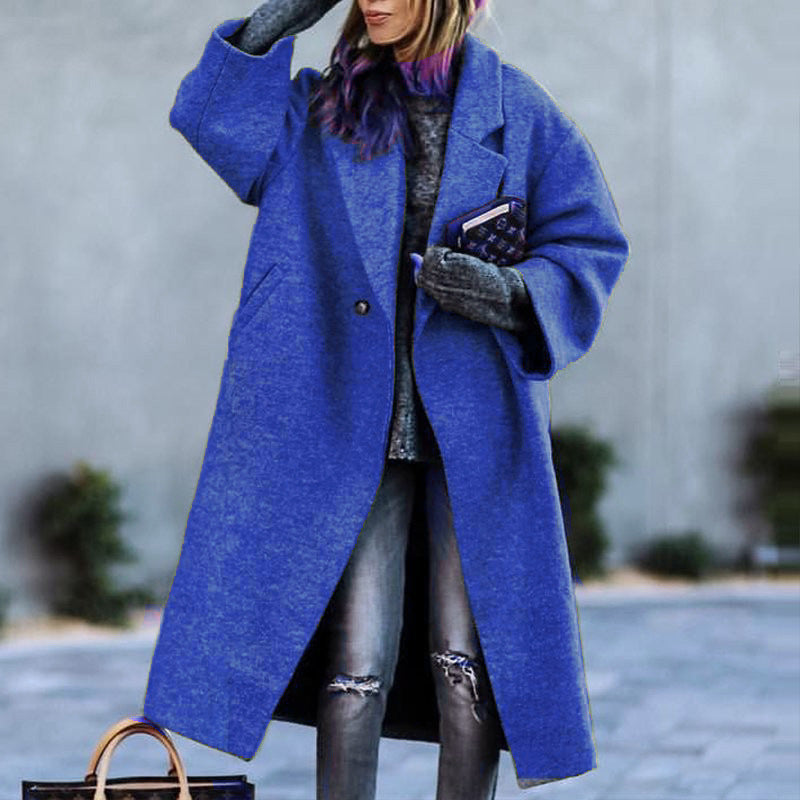 Autumn And Winter Long Woolen Color Temperament Commute No Belt Lapel Loose Woolen Green Coat Blue