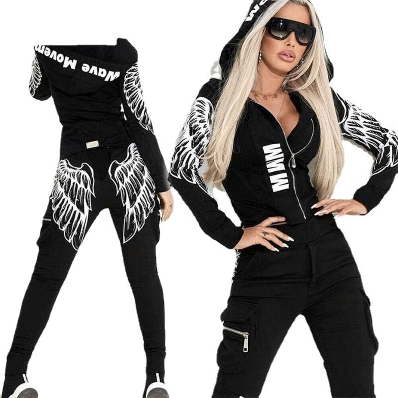 Autumn And Winter New Fashion Sexy Women's Suits Wings Print Zipper Hooded Street Shooting Casual Suits AMAIO