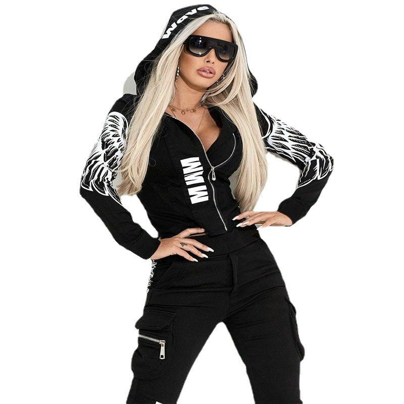 Autumn And Winter New Fashion Sexy Women's Suits Wings Print Zipper Hooded Street Shooting Casual Suits