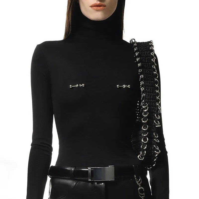 Autumn And Winter Turtle Neck Solid Undershirt Blouse Metal Charms Decoration Bottom Top Women Casual Comfort Streetwea