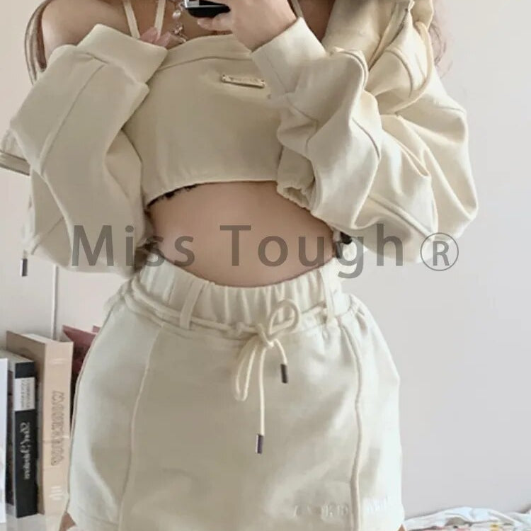 Autumn Casual Kawaii 3 Piece Set Women Japanese Sweet Hooded Sweatshirt Suit Female Korean Designer Solid Mini Skirt Suit 2024